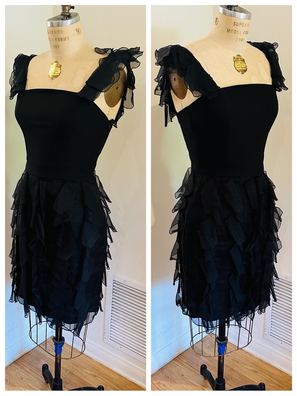 FENDI Vintage Black Cocktail Mini Dress w/ Silk Ruffles, IT Sz 42 (US 6)